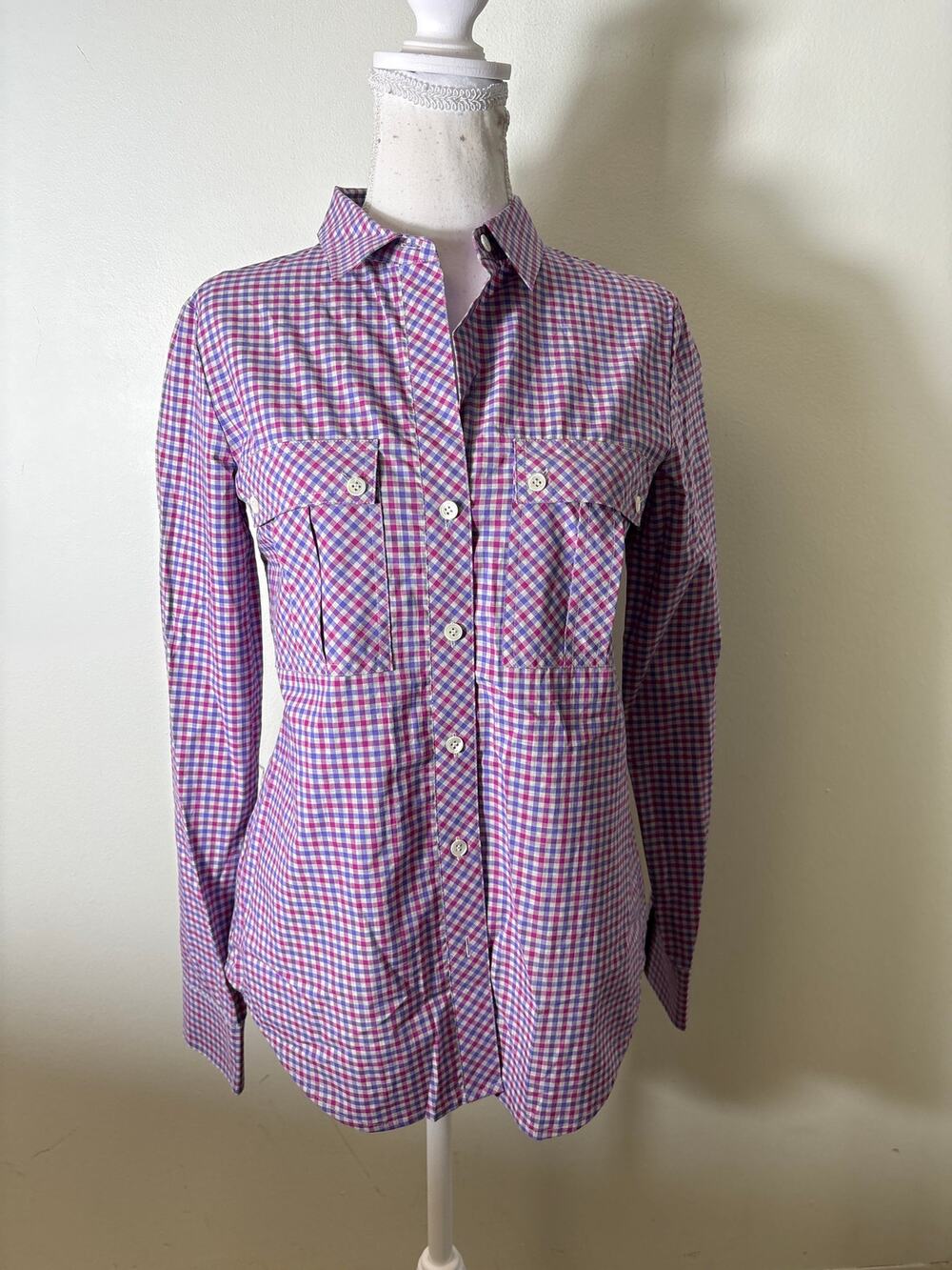 NWT Fushia and Purple Check Long Sleeve Button Up Shirt Sz S